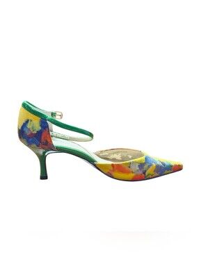 Ellen Tracy Erin Pumps Multi-Color Abstract Floral Kitten Heels Size 7M FAIR